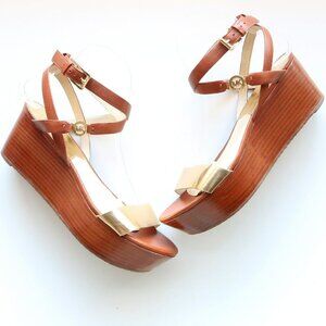 Michael Kors Brown & Gold Platform Wedge Strappy Open Toe Sandals / Summer Shoes